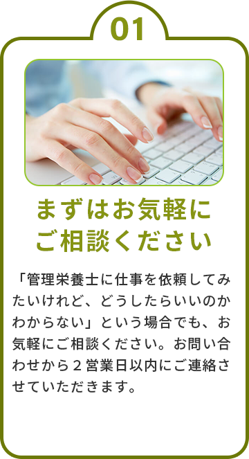 1.まずはお気軽にご相談ください　「管理栄養士に仕事を依頼してみたいけれど、どうしたらいいのかわからない」という場合でも、お気軽にご相談ください。お問い合わせから２営業日以内にご連絡させていただきます。