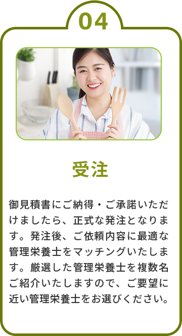 4.受注　御見積書にご納得・ご承諾いただけましたら、正式な発注となります。発注後、ご依頼内容に最適な管理栄養士をマッチングいたします。厳選した管理栄養士を複数名ご紹介いたしますので、ご要望に近い管理栄養士をお選びください。