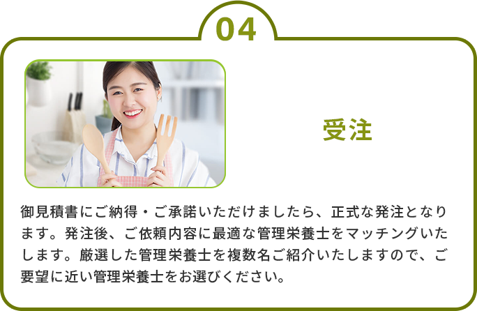 4.受注　御見積書にご納得・ご承諾いただけましたら、正式な発注となります。発注後、ご依頼内容に最適な管理栄養士をマッチングいたします。厳選した管理栄養士を複数名ご紹介いたしますので、ご要望に近い管理栄養士をお選びください
