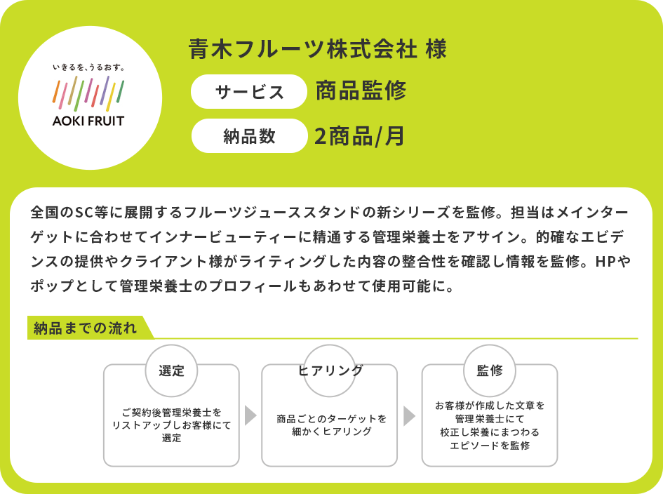 青木フルーツ株式会社様　サービス：商品監修　納品数：2商品/月　全国のSC等に展開するフルーツジューススタンドの新シリーズを監修。担当はメインターゲットに合わせてインナービューティーに精通する管理栄養士をアサイン。的確なエビデンスの提供やクライアント様がライティングした内容の整合性を確認し情報を監修。HPやポップとして管理栄養士のプロフィールもあわせて使用可能に。